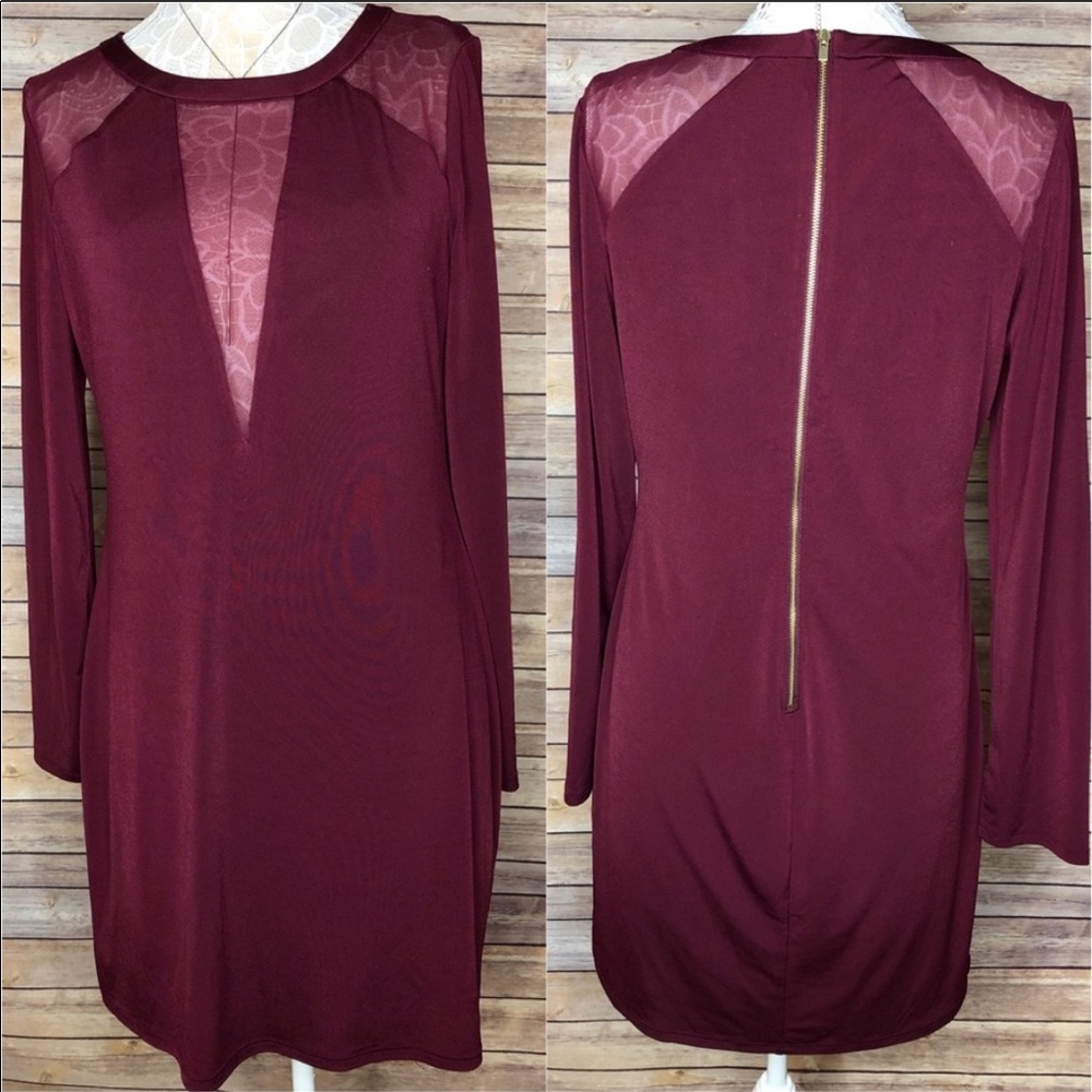 Express Maroon Long Sleeve Mesh Plunge Dress 👗